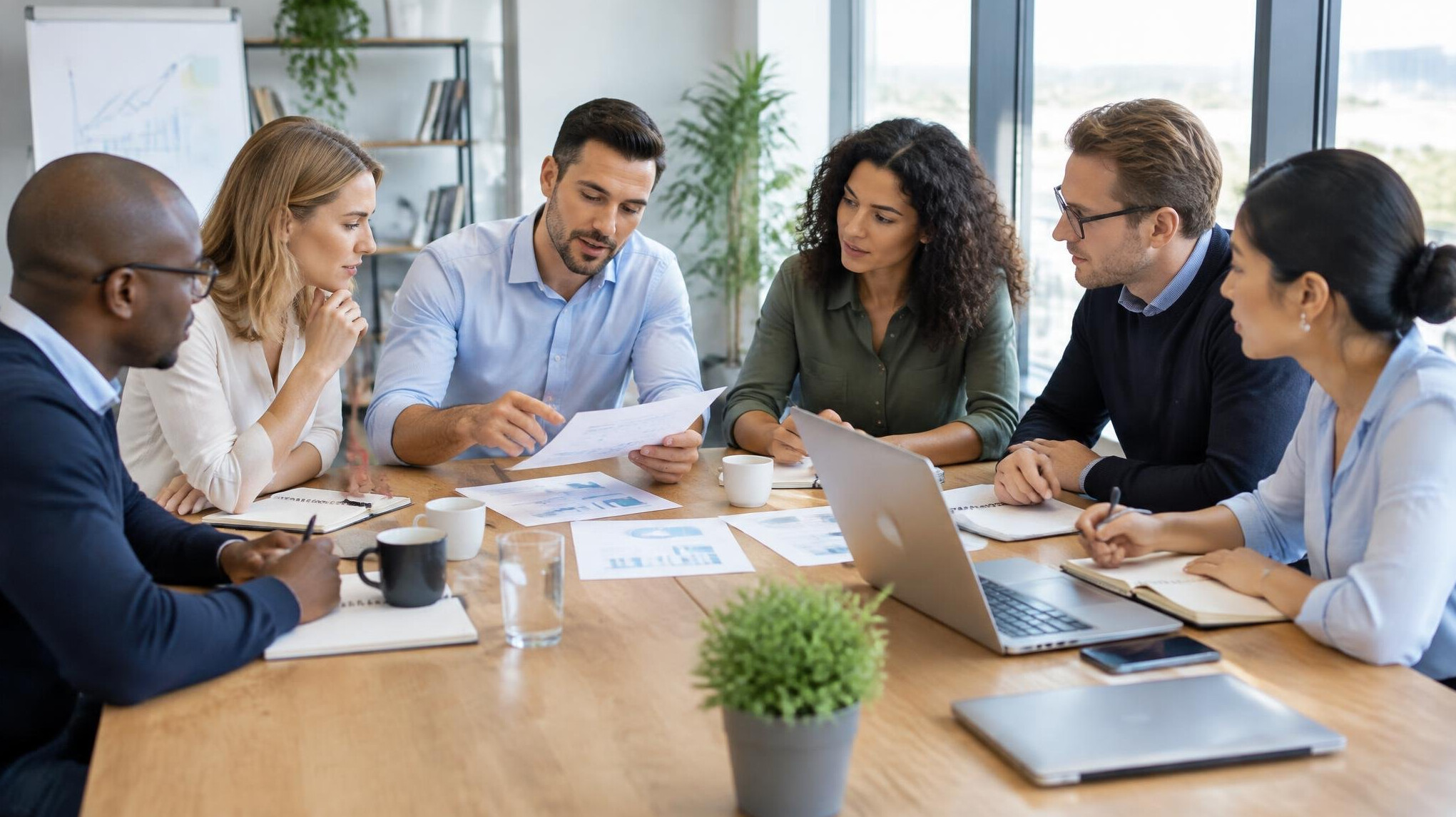 Team of colleagues discussing a strategic plan around a table